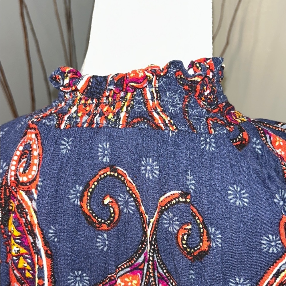 3x20LASCANA Vibrant Blue and Orange Long Sleeve Tie Front Blouse - Picture 7 of 9